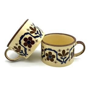 VTG japan stoneware otigari style cream blue brown floral coffee tea mug SET X2